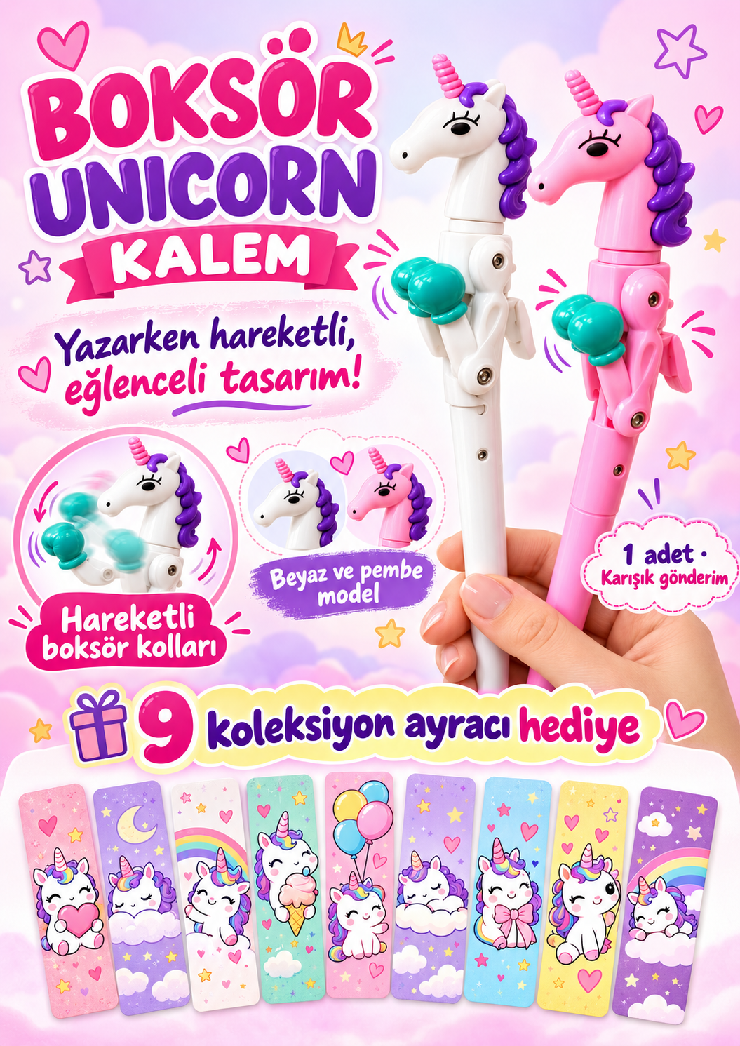 Eğlenceli Unicorn Boksör Tükenmez Kalem - Boksör Kalem - Kızlar İçin Tükenmez Kalem - Hareketli Kalem